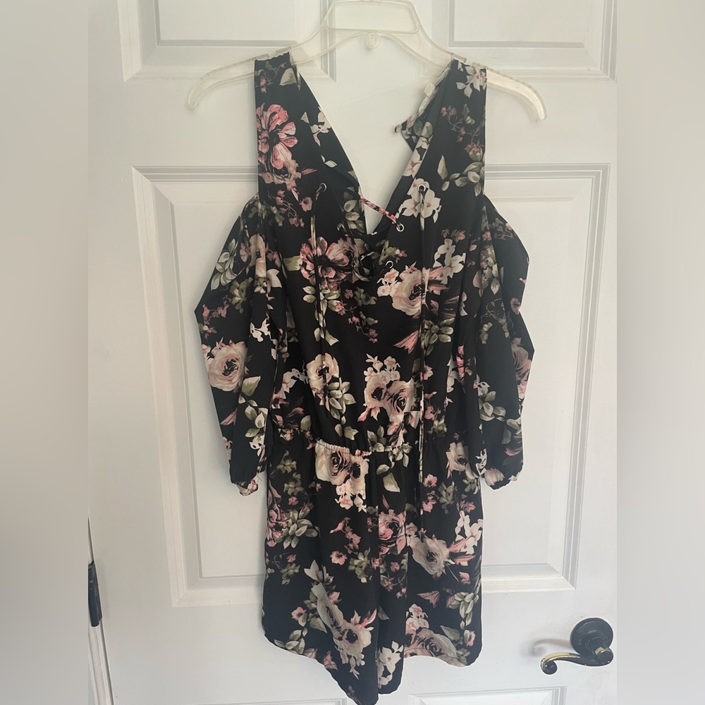 Floral Romper with Open Shoulder Sleeves